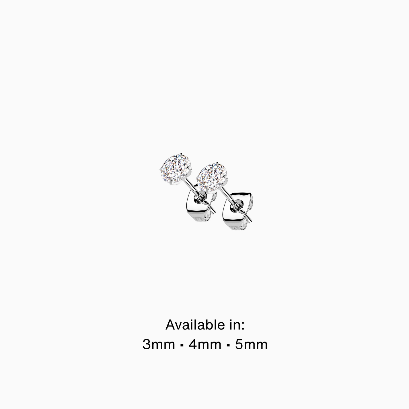 Pair of titanium prong set round CZ stud earrings with butterfly backs, available in 3mm, 4mm, and 5mm